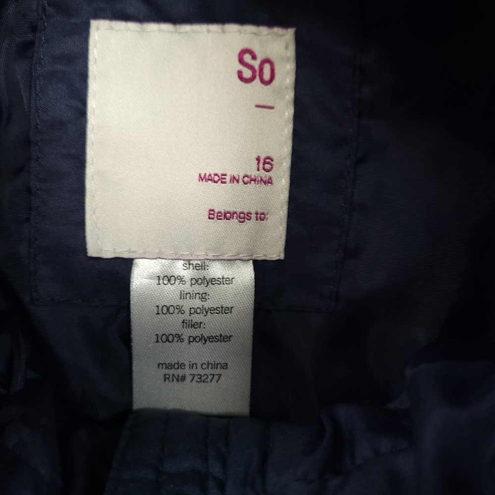 SO Girls Youth 16 Quilted Puffy Jacket Navy Blue Zip Pockets Kohls - Picture 4 of 6